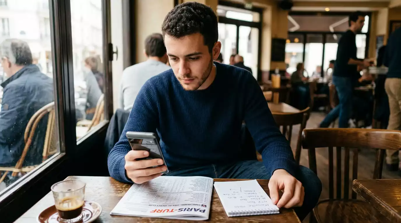 Parieur débutant consultant un programme de courses hippiques sur son téléphone