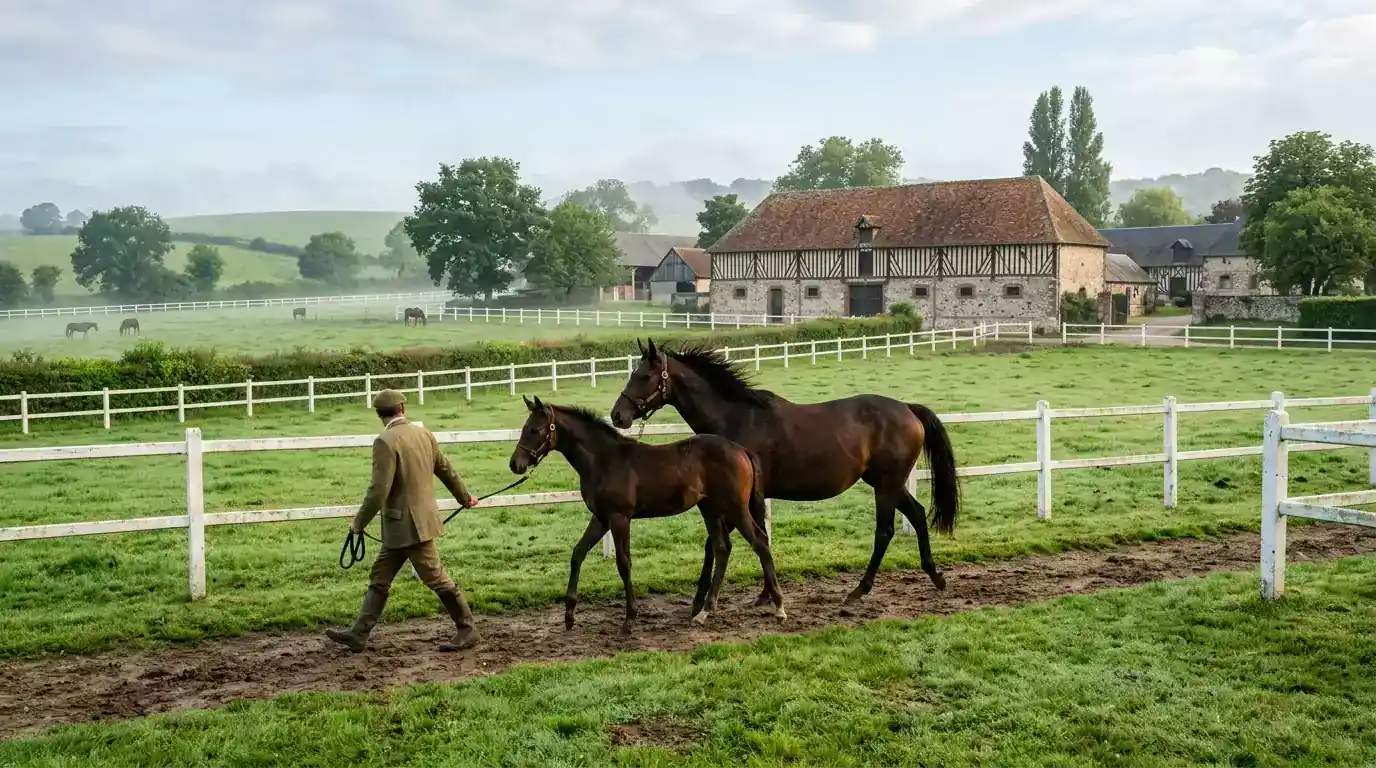 Élevage de chevaux de course dans un haras en Normandie