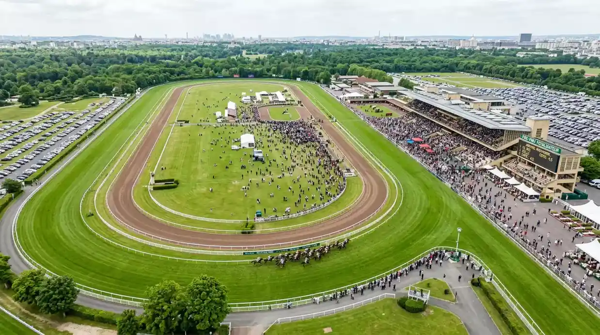 Vue aérienne d'un hippodrome français avec tribunes et piste de course